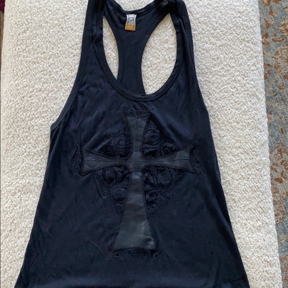 Pima Cotton Racer Back Leather and Lace Cross tank top- FESTIVAL